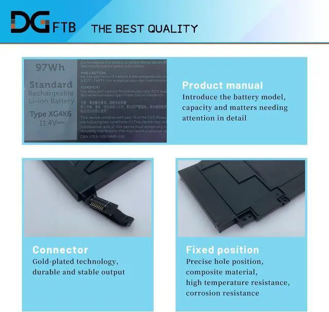 Alt view image 2 of 7 - XG4K6 5XJ6R Laptop Battery for Dell XPS 17 9700 9710 9720 9730 Precision 5750 5760 5770 Series 01RR3 001RR3 F8CPG 0F8CPG OF8CPG KVPMY 0YY3V KRDHV 3ICP7/54/65-2 (11.4V 97WH/8071mAh/6-Cell)