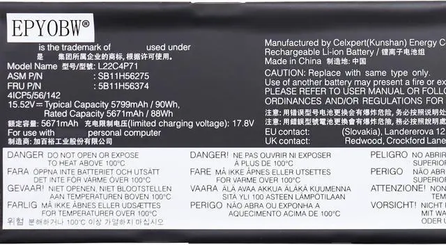 Alt view image 2 of 5 - L22C4P71 Laptop Battery 90Wh 5799mAh 4-Cell 15.52V Compatible with Lenovo ThinkPad P16v Gen 1 21FC 21FD 21FE 21FF Series L22M4P71