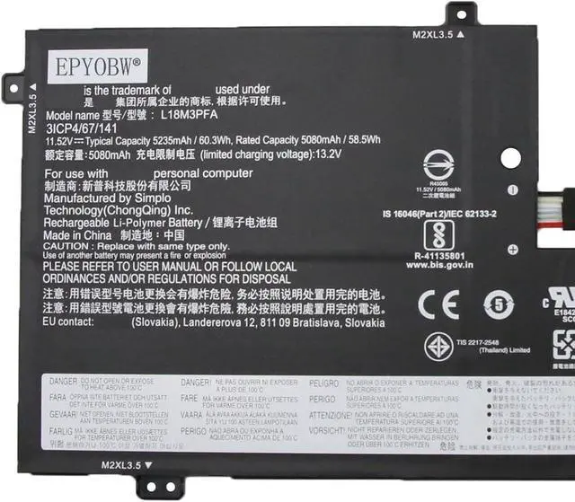 Alt view image 2 of 5 - L18M3PFA Laptop Battery 60.3Wh 5235mAh 3-Cell 11.52V Compatible with Lenovo Yoga C740-15IML 81TD Series L18D3PF2