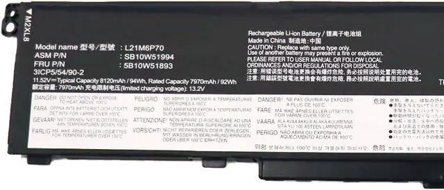 Alt view image 2 of 4 - L21M6P70 Laptop Battery Compatible with Lenovo ThinkPad P16 Gen 1st Series SB10W51994 5B10W51893 L21L6P70 SB10W51995 5B10W51894 94Wh 8120mAh 11.25V