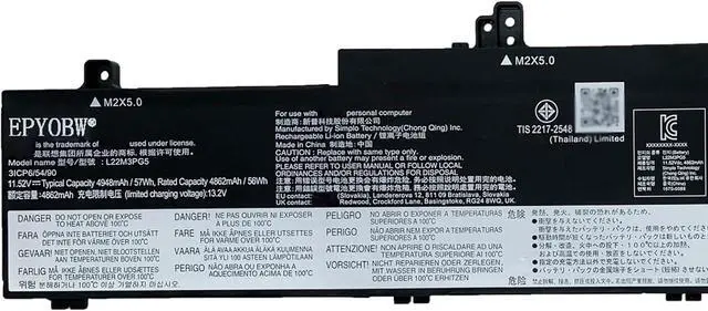 Alt view image 2 of 5 - L22M3PG5 Laptop Battery 57Wh 4948mAh 11.52V Compatible with Lenovo ThinkPad E14 Gen 5 E16 Gen 1 Series L22B3PG5 L22L3PG5 L22M3PG5 L22B3PG4 L22X3PG4 L22L3PG4 L22M3PG4