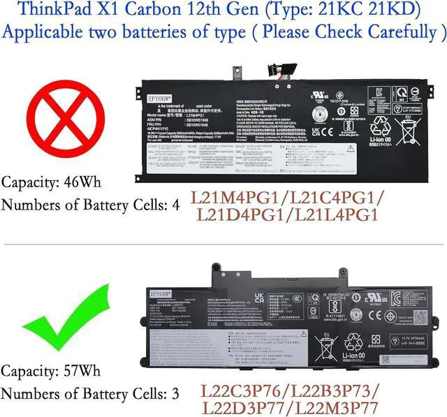 Alt view image 2 of 4 - L22C3P76 Laptop Battery 57Wh 4875mAh 11.7V Compatible with Lenovo ThinkPad X1 2 in 1 Gen 9 / X1 Carbon 12th Gen Series SB11H56286 5B11H56385 L22M3P77 SB11H56284 5B11H56383 L22C3P76 L22B3P73