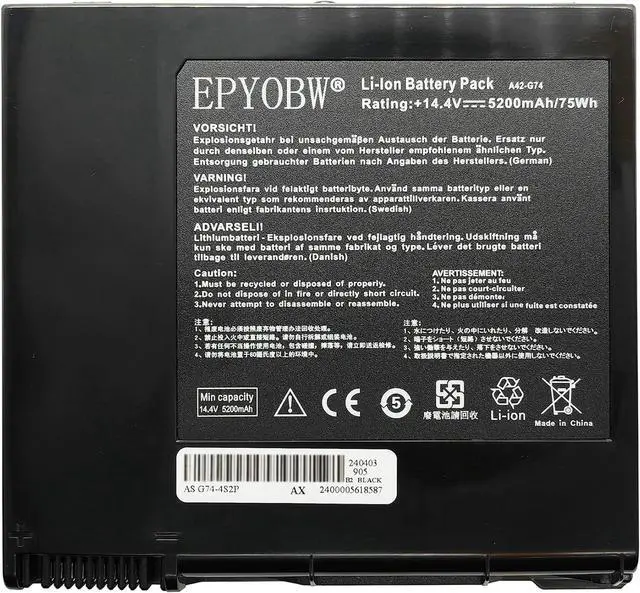 Main image of A42-G74 Laptop Battery 74Wh 5200mAh 8-Cells 14.4V Compatible with Asus G74 G74J G74S G74S-XR1 G74SX G74SX-A1 G74SX-A2 G74SW G74SW-A1 G74SW-A2 G74JH G74JH-A1 Series ICR18650-26F LC42SD128