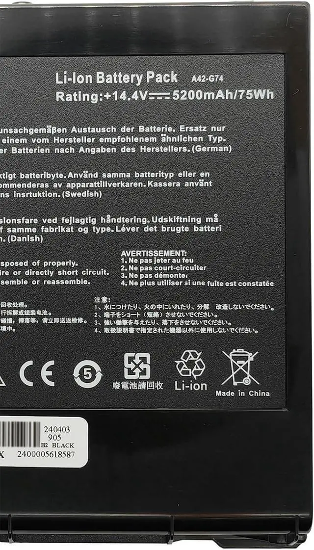 Alt view image 3 of 5 - A42-G74 Laptop Battery 74Wh 5200mAh 8-Cells 14.4V Compatible with Asus G74 G74J G74S G74S-XR1 G74SX G74SX-A1 G74SX-A2 G74SW G74SW-A1 G74SW-A2 G74JH G74JH-A1 Series ICR18650-26F LC42SD128