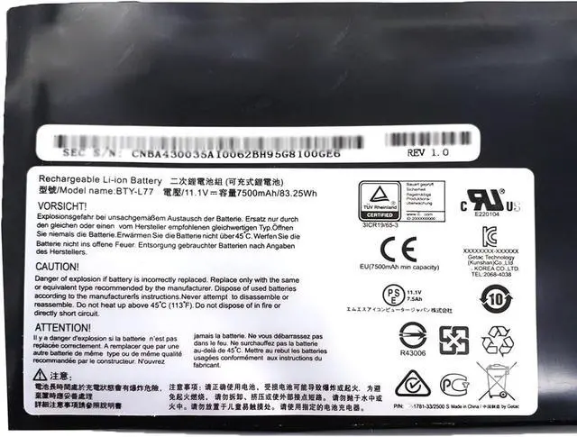 Alt view image 2 of 4 - BTY-L77 Laptop Battery 83.25Wh 7500mAh 11.1V Compatible with MSI WT72 2OK 2OL 2OM 6QI 6QJ 6QK 6QL 6QM 6QN 6QL-400US MS-1781 MS-1782 / GT72 2PC 2PE Series MS-1781 MS-1782 MS-1783