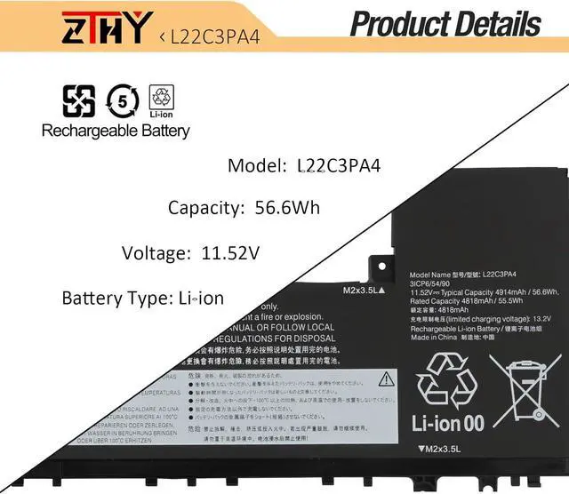 Alt view image 3 of 7 - ZTHY L22C3PA4 L22M3PA4 Laptop Battery Replacement for Lenovo IdeaPad Slim 5-14ABR8 5-16ABR8 5-14IAH8 5-16IAH8 5-14IRL8 5-16IRL8 Series L22B3PA4 L22L3PA4 5B11N45401 5B11K39356 SB11N45426 11.52V 56.6Wh