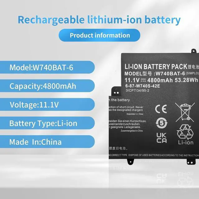Alt view image 2 of 6 - W740BAT-6 3ICP7/34/95-2 6-87-W740S-42E Laptop Battery Replacement for Clevo Schenker W740S S413 W740SU Series (11.1V 53.28Wh)