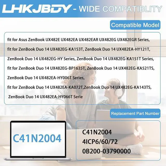 Alt view image 4 of 7 - C41N2004 Laptop Battery Replacement for Asus ZenBook Duo 14 UX482E UX482EA UX482EAR UX482EA-HY777TS UX482EG-HY016R UX482EAR-DH71T UX482EG UX482EGR UX482EA-HY006T UX482EGR-HY361W Series