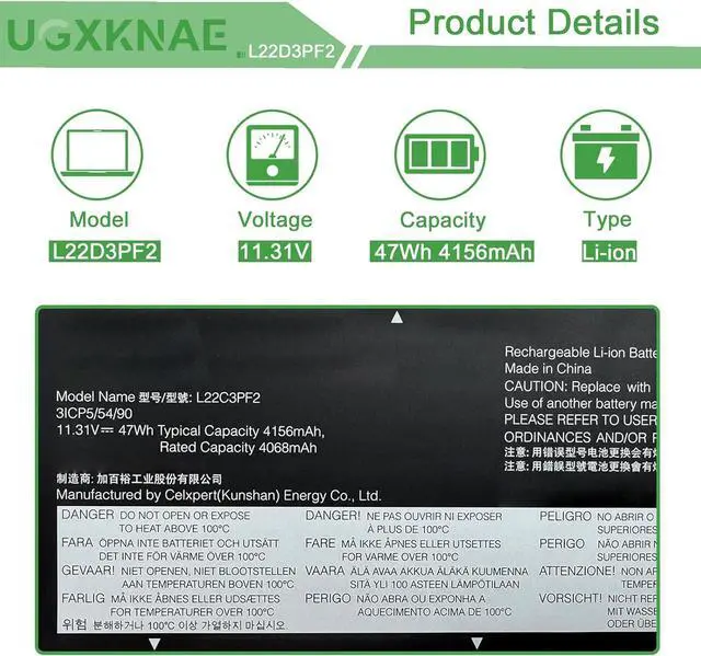 Alt view image 2 of 7 - L22D3PF2 Laptop Battery Replacement for Lenovo V14 V15 G4 AMN IdeaPad Slim 3 14AMN8 14IAH8 14IAN8 15IAN8 15IRH8 15IRU8 16IAH8 Series L22B3PF2 L22C3PF2 L22M3PF2 L22X3PF2 SB11K09308 11.31V 47Wh 4156mAh