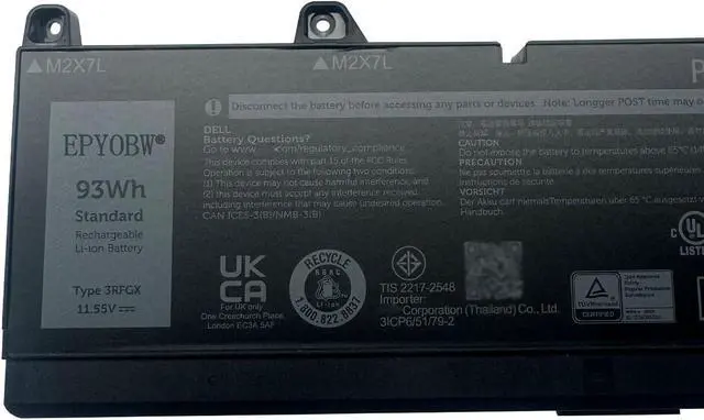 Alt view image 2 of 4 - 3RFGX Laptop Battery 93Wh 7650mAh 11.55V Compatible with Dell 3RFGX Series 1XM5X 1pE916 3ICP6/51/79-2