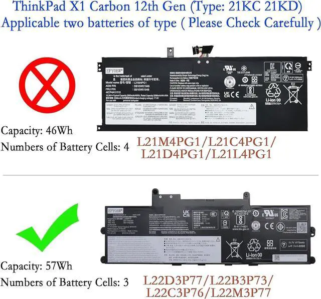 Alt view image 2 of 5 - L22D3P77 Laptop Battery 57Wh 4875mAh 3-Cell 11.7V Compatible with Lenovo ThinkPad X1 2 in 1 Gen 9 / ThinkPad X1 Carbon 12th Gen Series L22M3P77 L22B3P73 L22C3P76