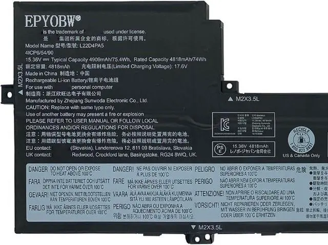 Alt view image 2 of 5 - L22D4PA5 Laptop Battery 75.4Wh 4909mAh 4-Cell 15.36V Compatible with Lenovo IdeaPad Slim 5 16ABR8 82XG / IdeaPad Slim 5 16IAH8 83BG / IdeaPad Slim 5 16IRL8 82XF Series L22C4PA5 L22M4PA5