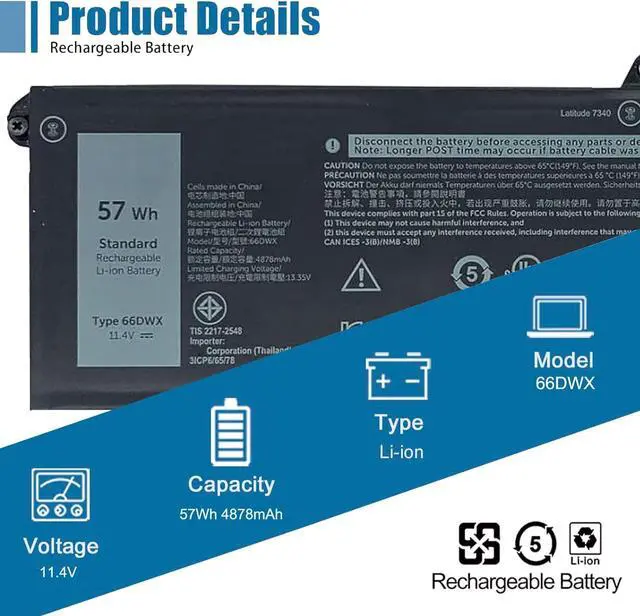 Alt view image 2 of 5 - 66DWX Laptop Battery Compatible with Dell Latitude 7340 7350 7440 7450 7640 7650 Series Notebook 086D0Y 86D0Y 00HYH8 0HYH8 11.4V 57Wh 4878mAh