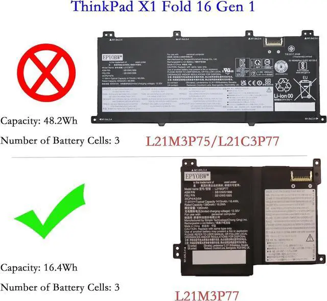 Alt view image 2 of 4 - L21M3P77 Laptop Battery 16.4Wh 1415mAh 3-Cell 11.61V Compatible with Lenovo ThinkPad X1 Fold 16 Gen 1 Series L21C3P77 L21M3P75