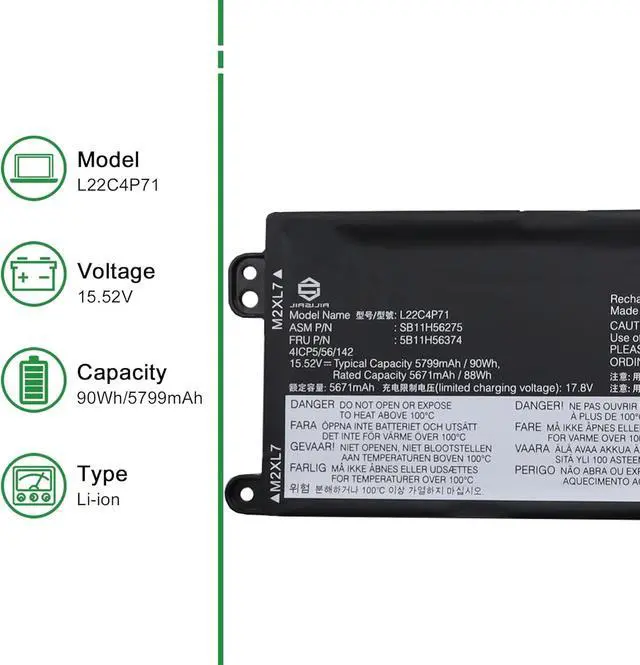 Alt view image 2 of 6 - L22C4P71 Laptop Battery Replacement for Lenovo ThinkPad P16v Gen 1 2023 Gen 2 2024 Series Notebook SB11H56275 5B11H56374 L22M4P71 SB11H56274 5B11H56373 Black 15.52V 90Wh 5799mAh