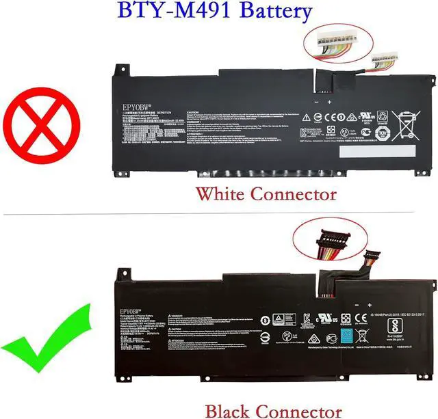 Alt view image 2 of 4 - BTY-M491 Black Connector Laptop Battery 52.4Wh Compatible with MSI Modern 15 A10RB A10M A10RAS A10RD MS-1551/15 A11M A11SB MS-1552/15 A4M A4MW MS-155K / Summit B15 A11M Series 3ICP6/71/74