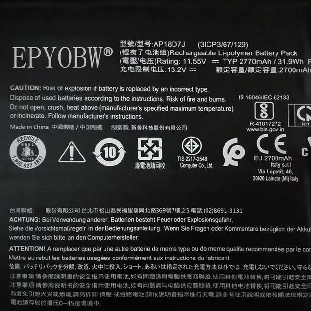 Alt view image 2 of 3 - AP18D7J Laptop Battery 30.61Wh 2650mAh 11.55V Compatible with Acer Swift 7 SF714-52T-78V2 / Swift 7 SF714-52T-72VD / Swift 7 SF714-52T-728S Series