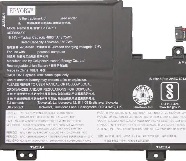 Alt view image 2 of 4 - L20C4PE1 Laptop Battery 75Wh Compatible with Lenovo IdeaPad 5 Pro-16ACH6 / IdeaPad Creator 5-16ACH6 / IdeaPad Yoga Slim 7 Pro-16ACH6 / ThinkBook 16p NX ARH Series L20M4PE1 L20L4PE1
