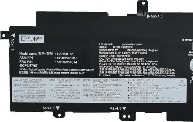 Alt view image 2 of 5 - L20M4P72 Laptop Battery 57Wh 15.36V Compatible with Lenovo ThinkPad T14s Gen 2 20WM 20WN 20XF 20XG Series SB10W51915 5B10W51814 L20L4P72 SB10W51914 5B10W13976 L20C4P72 SB10W51916 5B10W51816
