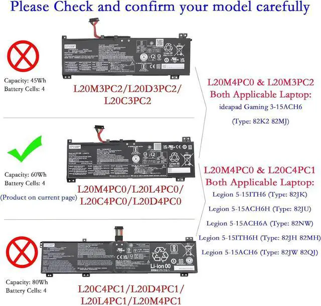Alt view image 2 of 5 - L20D4PC0 Laptop Battery 60Wh 4-Cell Compatible with Lenovo Legion 5-15ITH6H 5-15ITH6 5-15ACH6H 5-15ACH6 5-15ACH6A / ideapad Gaming 3-15ACH6 3-15IHU6 Series L20C4PC0 L20L4PC0 L20M4PC0