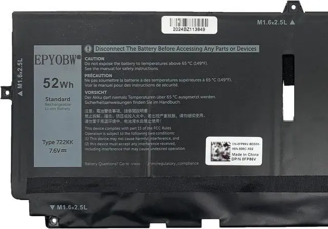 Alt view image 2 of 5 - 722KK Laptop Battery 52Wh Compatible with Dell XPS 9300 (2020) 13.4" / XPS 9300 i5 FHD/XPS 9300 i7-1065G7 / XPS 9310 (2020) 13.4" / XPS 9380 (2020) 13.4" Series 2XXFW 02XXFW FP86V WN0N0