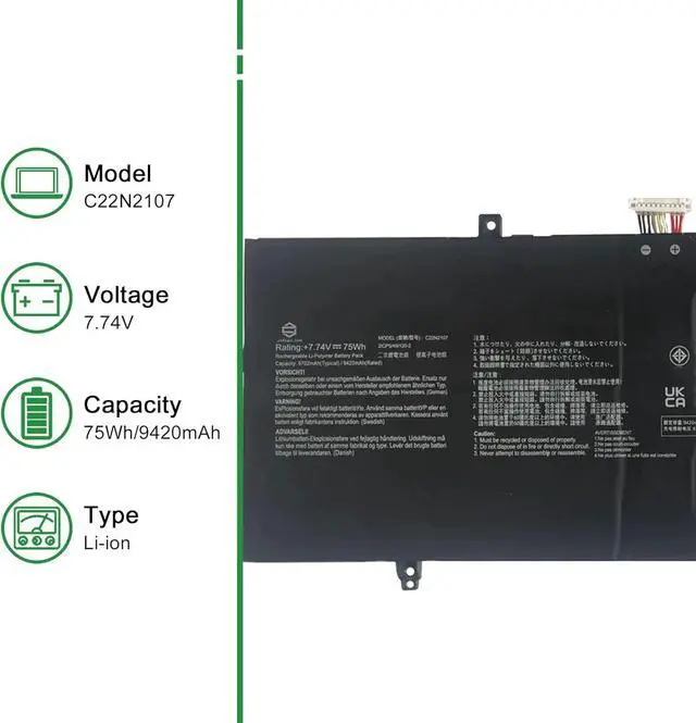 Alt view image 2 of 5 - C22N2107 Laptop Battery Replacement for Asus ZenBook 14 BX3402ZA UM3402YA UX3402ZA Series Notebook Black 7.74V 75Wh 9420mAh