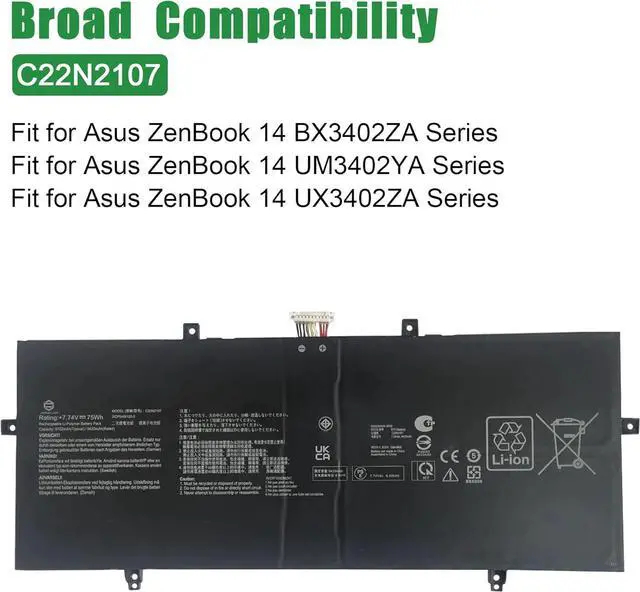 Alt view image 4 of 5 - C22N2107 Laptop Battery Replacement for Asus ZenBook 14 BX3402ZA UM3402YA UX3402ZA Series Notebook Black 7.74V 75Wh 9420mAh