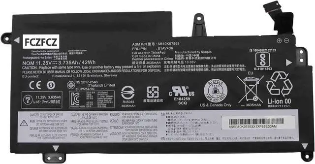 Main image of 01AV436 Battery 42Wh 3735mAh Replacement for Lenovo ThinkPad 13 Gen 2 20J1 20J2 Series SB10K97593 01AV437 SB10K97594 01AV435 SB10K97592 11.25V 3-Cell
