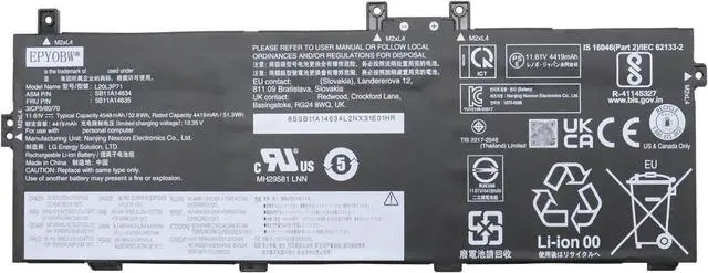 Main image of L20L3P71 Laptop Battery 52.8Wh 4548mAh 3-Cell 11.61V Compatible with Lenovo ThinkPad X13 Yoga Gen 2 20W8 / ThinkPad X13 Yoga Gen 3 21AW / ThinkPad P16 Gen 1 21D6 Series L20C3P71 L20M3P71