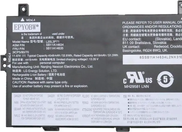 Alt view image 2 of 5 - L20L3P71 Laptop Battery 52.8Wh 4548mAh 3-Cell 11.61V Compatible with Lenovo ThinkPad X13 Yoga Gen 2 20W8 / ThinkPad X13 Yoga Gen 3 21AW / ThinkPad P16 Gen 1 21D6 Series L20C3P71 L20M3P71