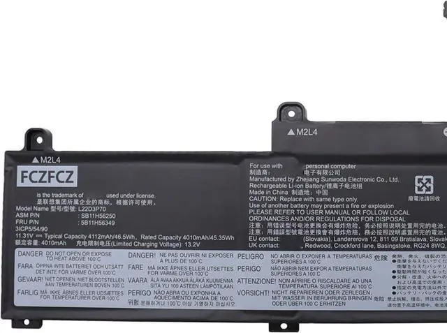 Alt view image 2 of 4 - L22D3P70 Battery 46.5Wh 4112mAh Replacement for Lenovo ThinkPad L14 Gen 4 / L15 Gen 4 Series SB11H56250 5B11H56349 SB11M89801 5B11M90000 L22B3P70 SB11H56251 L22M3P70 L22X3P70 11.31V
