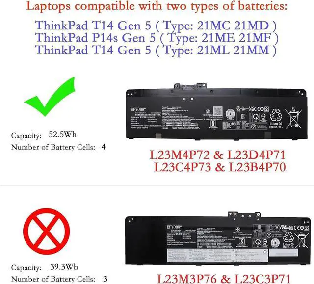 Alt view image 2 of 5 - L23D4P71 Battery 52.5Wh 3392mAh 15.48V Compatible with Lenovo ThinkPad P14s Gen 5 / T14 Gen 5 Series L23C4P73 L23B4P70 L23M4P72 L23M3P76 L23C3P71