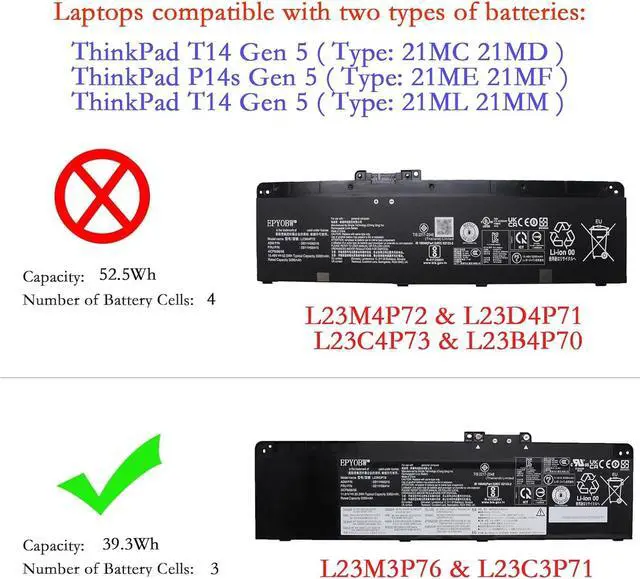 Alt view image 2 of 6 - L23C3P71 Battery 39.3Wh 3392mAh 11.61V Compatible with Lenovo ThinkPad P14s Gen 5 / T14 Gen 5 Series L23C4P73 L23B4P70 L23D4P71 L23M3P76 L23M4P72