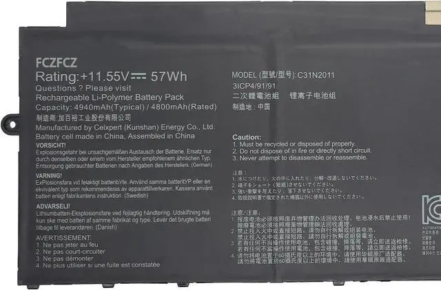 Alt view image 2 of 5 - C31N2011 Battery 57Wh 4900mAh Replacement for ASUS Chromebook Flip CM5 CM5500FDA / CX5 CX5500FEA Series 0B200-03860000 11.55V