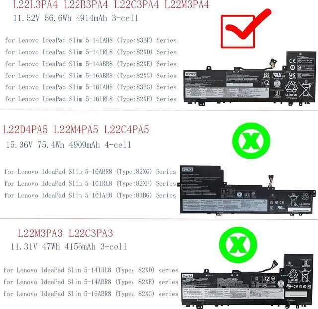 Alt view image 2 of 6 - L22L3PA4 Battery 56.6Wh Replacement for Lenovo IdeaPad Slim 5-14ABR8 5-14IRL8 5-14IAH8 5-16ABR8 5-16IRL8 5-16IAH8 Series SB11K39364 SB11N45393 L22C3PA4 SB11N45426 L22B3PA4 L22M3PA4 11.52V