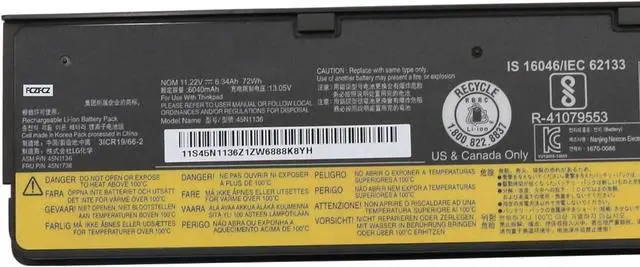Alt view image 2 of 5 - 45N1136 Battery 72Wh Replacement for Lenovo ThinkPad P50s A275 W550s X240 X250 X260 X270 L450 L450S L460 L470 T440 T440s T450 T450s T460 T460p T470p T550 T560 Series 45N1738 45N1134 68+ 11.1V
