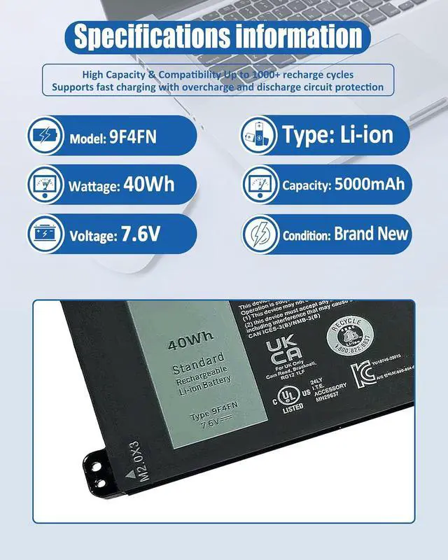 Alt view image 4 of 7 - 9F4FN 40Wh Battery Replacement for for Dell Latitude 7320 Detachable Inspiron 14 3420 Series 09F4FN 2VKW9 8PK6G 7.6V 40Wh