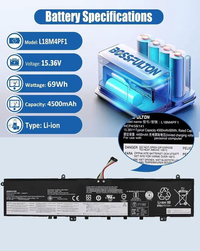 Alt view image 2 of 7 - L18M4PF1 L18D4PF1 Battery Replacement for Lenovo Yoga 9-15IMH5 82DE Yoga C940-15IRH 81TE IdeaPad S740-15IRH Series 15.36V 69Wh 4500mah (Long Cable)
