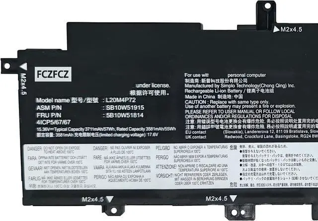 Alt view image 2 of 5 - L20M4P72 Replacement for Lenovo ThinkPad T14s Gen 2 20XG 20WN 20WM 20XF Series SB10W51915 5B10W51814 L20L4P72 SB10W51914 5B10W13976 L20D4P72 5B10W51816 L20C4P72 5B10W51815 15.36V 57Wh