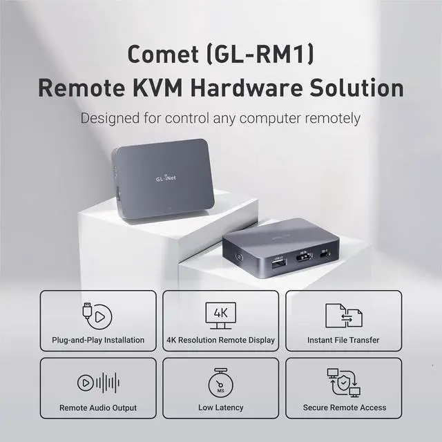 Alt view image 2 of 7 - Comet (GL-RM1) Remote KVM Control Over Internet, 4K@30Fps, Tailscale Support, Remote Keyboard, Video, MouseInstall OS Via BIOS Control, Adapted KVM Switches, Mouse Jiggler for Home Work