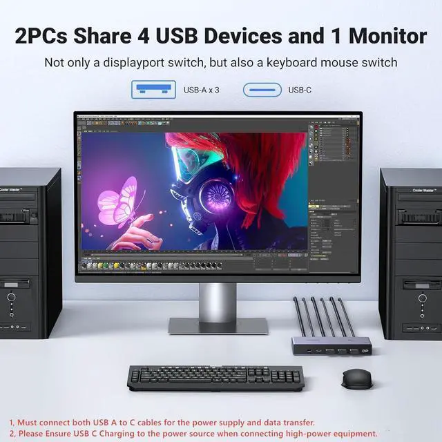Alt view image 3 of 7 - 8K Displayport KVM Switch 2 in 1 Out DP1.4 with 4 USB 3.0 Ports(3 USB-A + 1 USB-C) Support 8K@60Hz 4K@240Hz Share 1 Monitor Keyboard Mouse U-Disk Printer, with 2 DP Cables, 2 USB A to C Cables