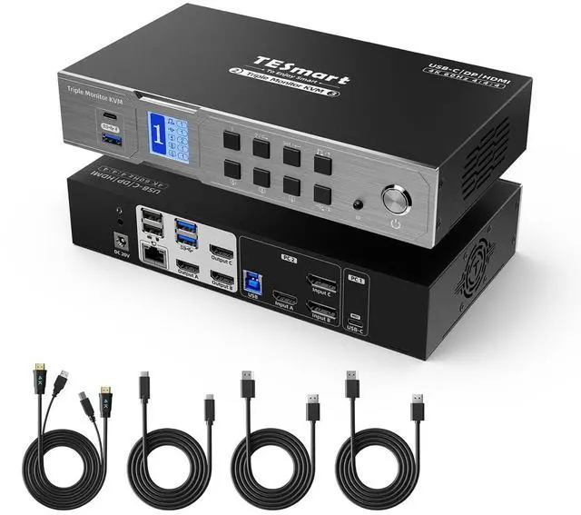 Main image of USB-C MST&EDID KVM Switch 3 Monitors 2 Computers HDMI+DisplayPort, 4K@60Hz KVM Switch Triple Monitor Dock for Laptop&Desktop, USB 3.0, Charging for Laptop, 1G Ethernet, Hotkey Switch