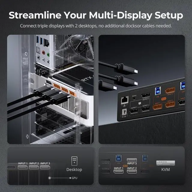 Alt view image 3 of 7 - 8K@60Hz DP KVM Switch 3 Monitors 2 Computers USB 3.0, KVM Switch Triple Monitor 2 Computers DisplayPort 1.4, Support EDID, 1G Ethernet, Hotkey Switch, 4K@144Hz 2K@144Hz for Gaming&Home Office