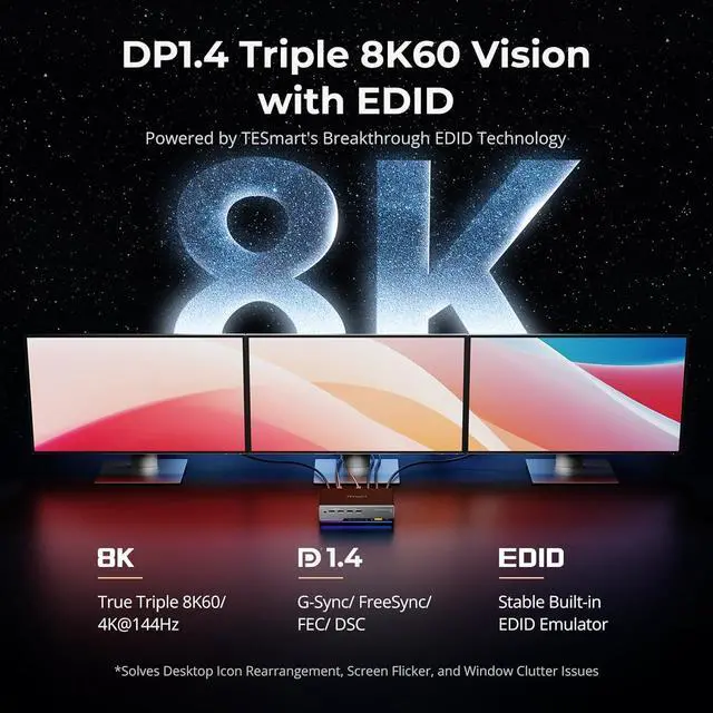 Alt view image 4 of 7 - 8K@60Hz DP KVM Switch 3 Monitors 2 Computers USB 3.0, KVM Switch Triple Monitor 2 Computers DisplayPort 1.4, Support EDID, 1G Ethernet, Hotkey Switch, 4K@144Hz 2K@144Hz for Gaming&Home Office