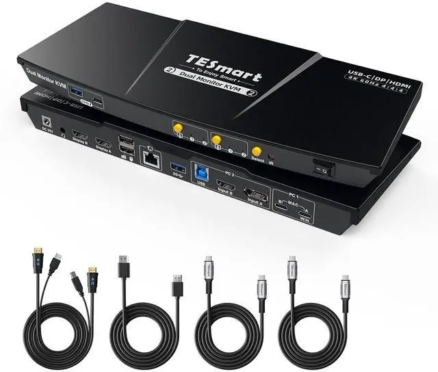 Main image of USB-C MST&EDID KVM Switch 2 Monitors 2 Computers HDMI+DisplayPort, USB 3.0 KVM Docking Station for Laptop&Desktop, 4K@60Hz, Gigabit Network, Hotkey Switch, Input Cables