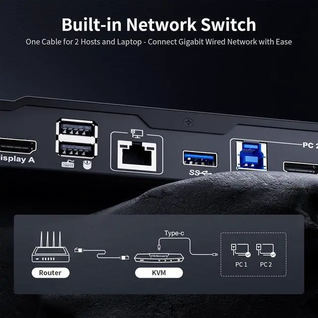 Alt view image 5 of 7 - USB-C MST&EDID KVM Switch 2 Monitors 2 Computers HDMI+DisplayPort, USB 3.0 KVM Docking Station for Laptop&Desktop, 4K@60Hz, Gigabit Network, Hotkey Switch, Input Cables