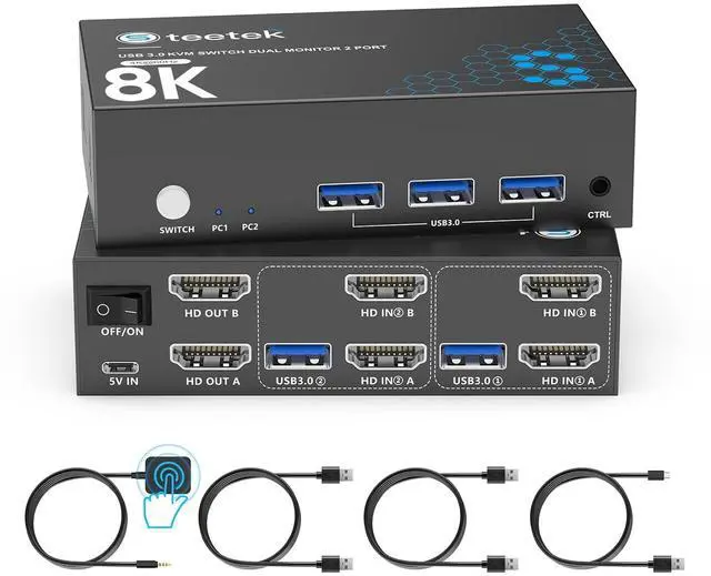 Main image of 8K HDMI KVM Switch 2 Monitors Computers, 8K@60Hz Dual for Computers Sha Monitors, Keyboard, Mouse, Hard Drives, Printer, with EDID Adaptive, 2*USB Cables, and Controller. by DT