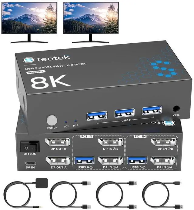 Main image of 8K@60Hz KVM Switch 2 Monitors 2 Computers DisplayPort, USB3.0 KVM Switches, 4K@120Hz Dual Monitor for 1 Set of Keyboard Mouse Printer and U Disk with EDID Adaptive 2 USB Cables