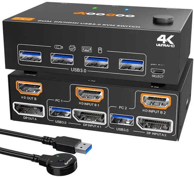 Main image of HDMI Displayport KVM Switch 2 Monitors PC 4K@60Hz/2K@120Hz Switches with USB 3.0 Port,Wired Remote and USB3.0 Cables Included by DT