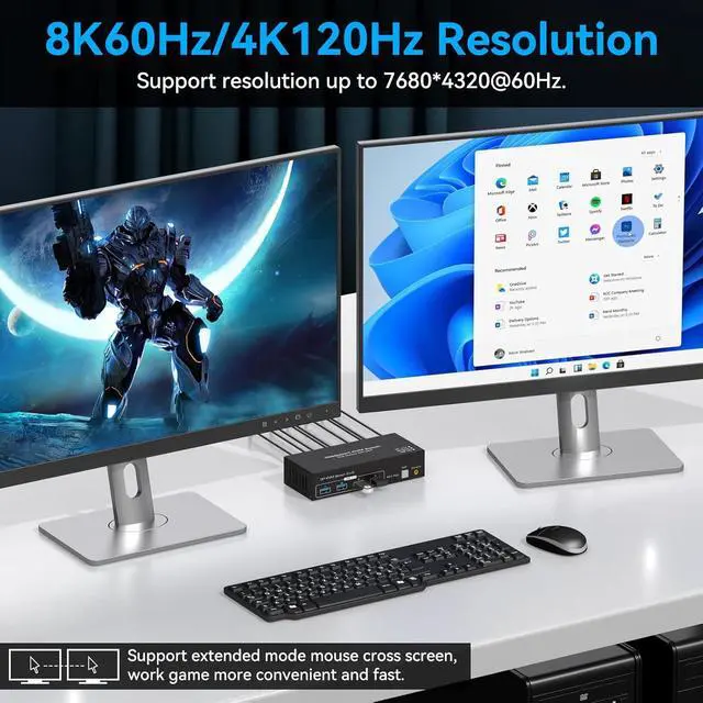 Alt view image 4 of 7 - Displayport KVM Switch 2 Monitors 2 Computers 8K 60Hz 4K 120Hz Dual Monitor USB 3.0 KVM Switches for 4 USB Devices, Wired Extension Button,12V DC Adapter and USB3.0 Cables